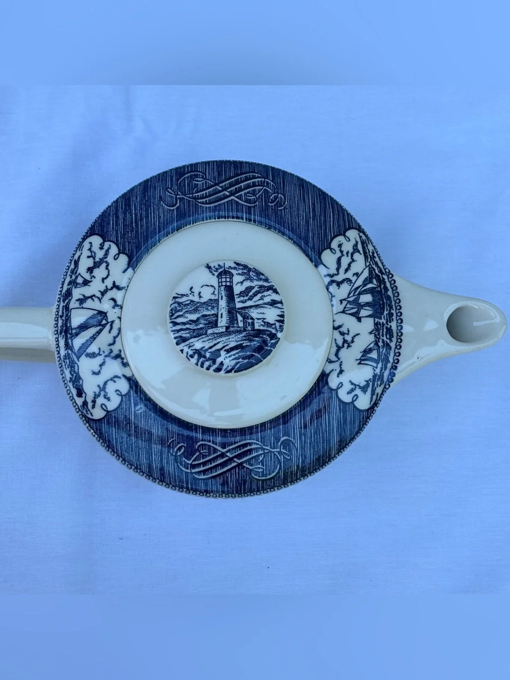 Vintage Royal China Currier & Ives Blue Teapot - Clipper Ship & Lighthouse